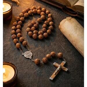 Vintage Rosary Rose Carved Olive Wood Beads Marked Jerusalem 42"